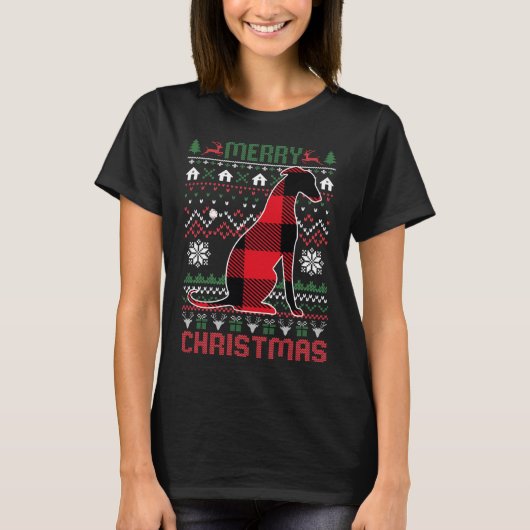 Funny Greyhound Ugly Christmas Red Plad Lights Swe T-Shirt (Vorderseite)