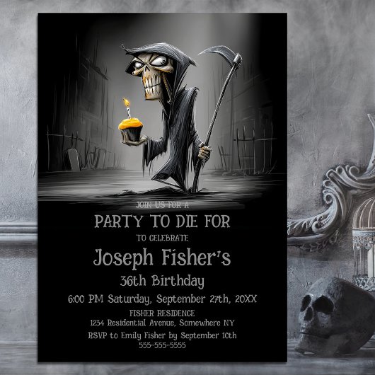 Funny Grim Reaper with Cupcake Birthday Party Einladung