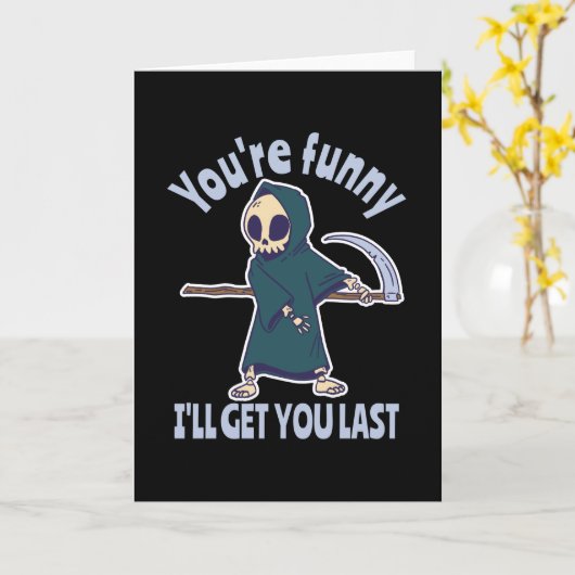 Funny Grim Sensenmann Skeleton Halloween-Kostüm Karte (Gelbe Blume)