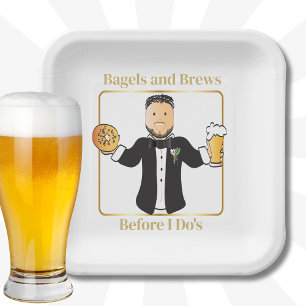 Funny Groom Cartoon Beer Bagel Wedding Brunch Pappteller