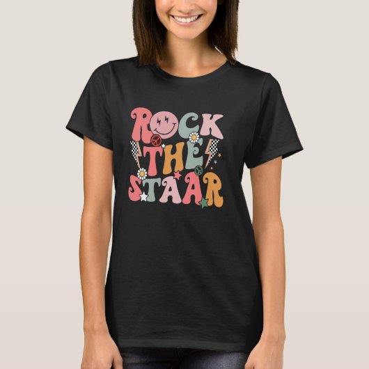 Funny Groovy Testing Day Rock The Staar Motivation T-Shirt (Vorderseite)