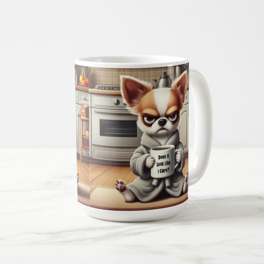 Funny Grumpy Cartoon Dog in Küchenszene Kaffeetasse (VorderseiteRechts)