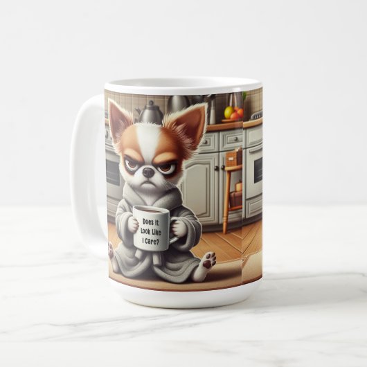 Funny Grumpy Cartoon Dog in Küchenszene Kaffeetasse (Vorderseite Links)