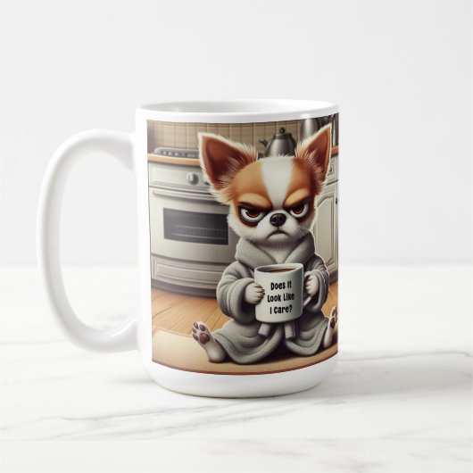 Funny Grumpy Cartoon Dog in Küchenszene Kaffeetasse (Links)