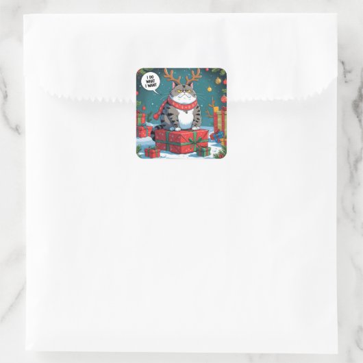 Funny Grumpy Cat Christmas Design – Fat Cat Quadratischer Aufkleber (Tasche)