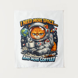 Funny Grumpy Cat, Need More Space And More Coffee Wandteppich
