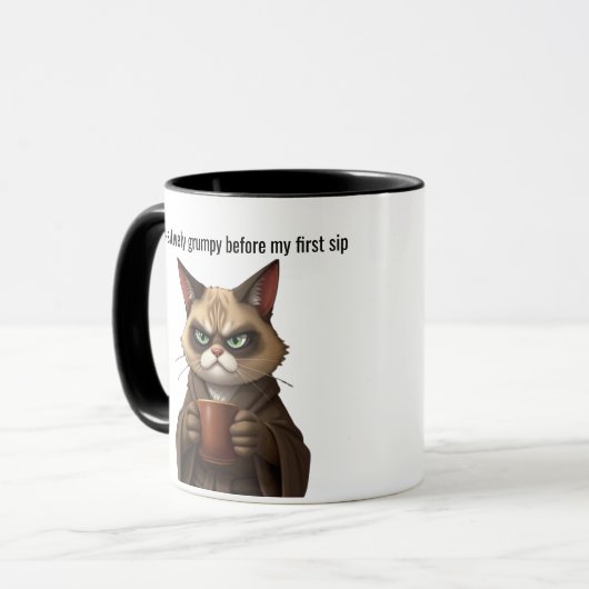 Funny Grumpy Chat in a Robe and Coffee Tasse (Vorderseite Links)