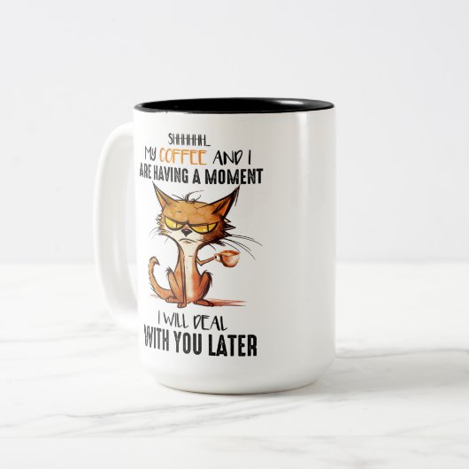 Funny Grumpy Coffee Cat Zweifarbige Tasse (Vorderseite Links)