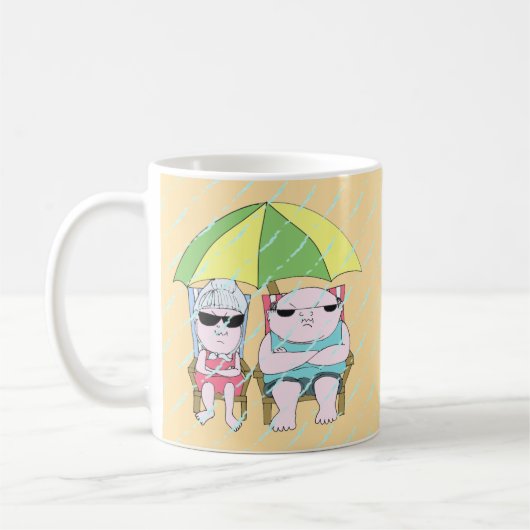 Funny Grumpy Couple am Strand in Rain Art Kaffeetasse (Links)