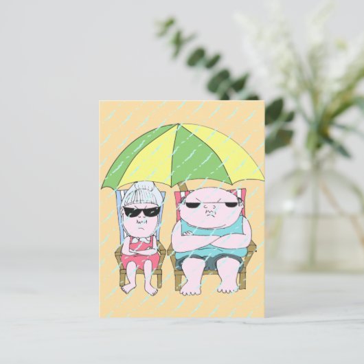 Funny Grumpy Couple am Strand in Rain Art Postkarte (Stehend Vorderseite)