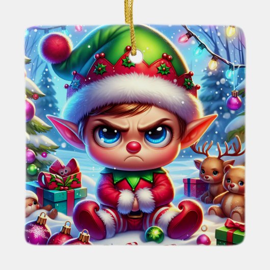 Funny Grumpy Elf Weihnachten Keramikornament (Vorderseite)