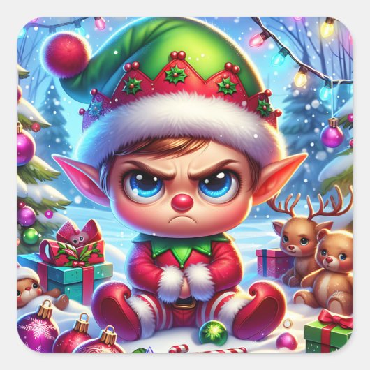 Funny Grumpy Elf Weihnachten Quadratischer Aufkleber (Vorderseite)
