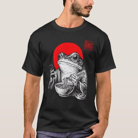 Funny Grumpy Frog Eat Ramen und Scroll Phone Art T-Shirt (Vorderseite)