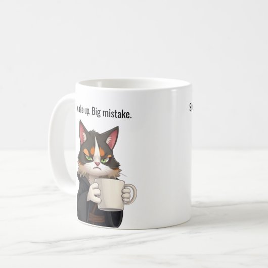 Funny Grumpy Katze in einem Robe und Kaffee Chat Kaffeetasse (Vorderseite Links)