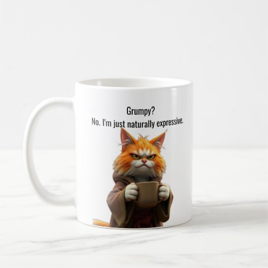 Funny Grumpy Katze in einem Robe und Kaffee Orange Kaffeetasse (Links)