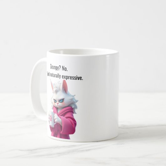 Funny Grumpy Katze in einem Robe und Kaffee Weiße  Kaffeetasse (Vorderseite Links)