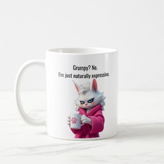 Funny Grumpy Katze in einem Robe und Kaffee Weiße Kaffeetasse (Links)