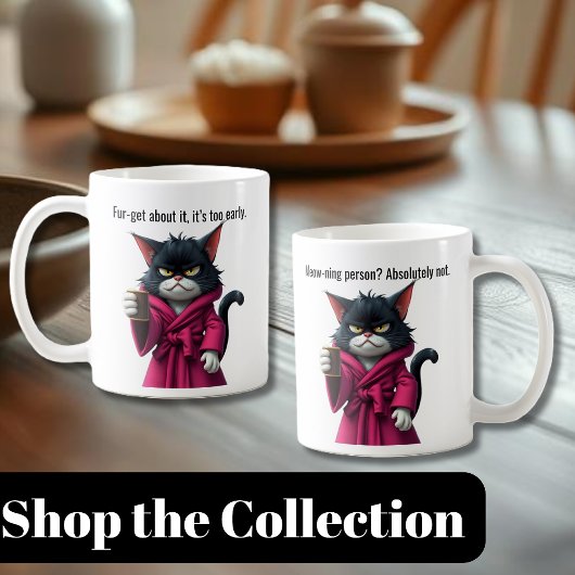 Funny Grumpy Katze in einer Robe und Kaffee-Black Kaffeetasse