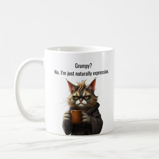 Funny Grumpy Katze in einer Robe und Kaffee Kaffeetasse (Links)