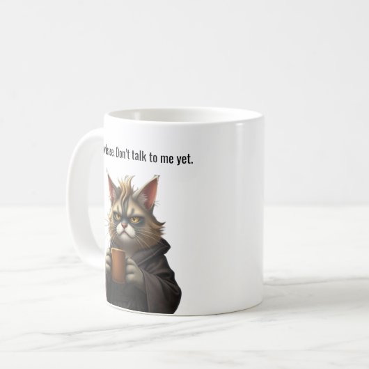 Funny Grumpy Katze in einer Robe und Kaffee Kaffeetasse (Vorderseite Links)