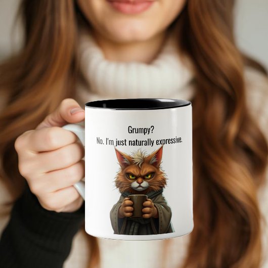 Funny Grumpy Katze in einer Robe und Kaffee Zweifarbige Tasse