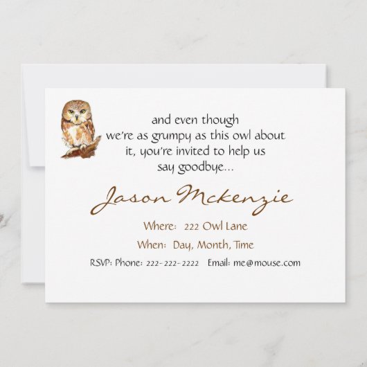 Funny Grumpy Owl Farewell Party Einladung (Rückseite)