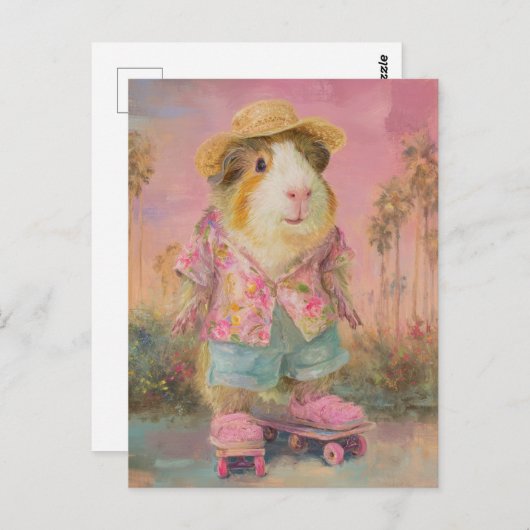Funny Guinea Pig auf zwei Skateboards Postkarte (Vorne/Hinten)