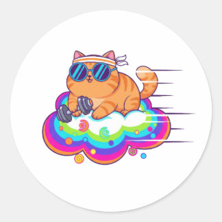 Funny Gym Cat Lifting Dumbbell on Rainbow Cloud Runder Aufkleber
