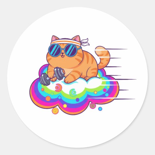 Funny Gym Cat Lifting Dumbbell on Rainbow Cloud Runder Aufkleber (Vorderseite)