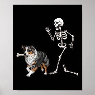 Funny Halloween Australian Shepherd and Skeleton Poster