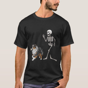 Funny Halloween Australian Shepherd and Skeleton T-Shirt
