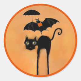 Funny Halloween Black Cat and Bat Runder Aufkleber