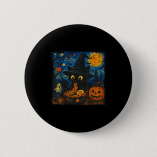 Funny Halloween Black Cat Eating Ramen Starry Nigh Button