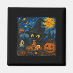 Funny Halloween Black Cat Eating Ramen Starry Nigh Magnet