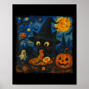 Funny Halloween Black Cat Eating Ramen Starry Nigh Poster