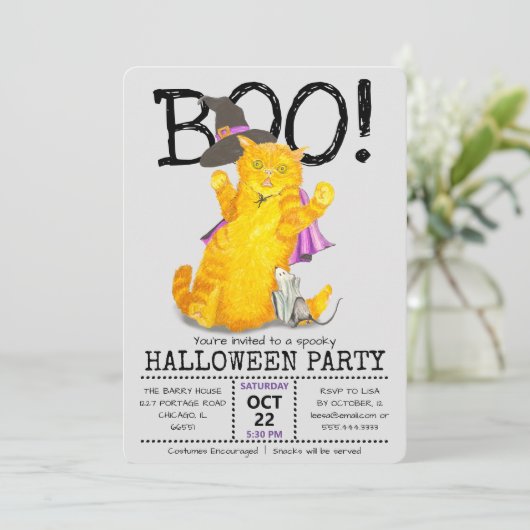 Funny Halloween Cat and Mouse Party Einladung (Stehend Vorderseite)