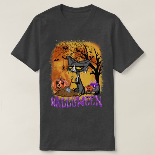 Funny Halloween Cat Bats Pumpkin Digging T-Shirt (Design vorne)