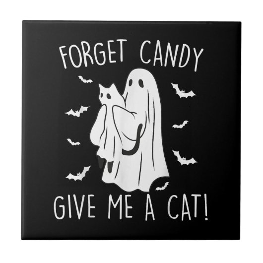 Funny Halloween Cat Ghost vergessen Candy Give me  Fliese (Vorderseite)