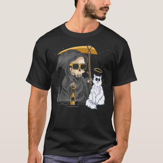 Funny Halloween Cat Grim Reaper Ghost Angle Kitten T-Shirt (Vorderseite)
