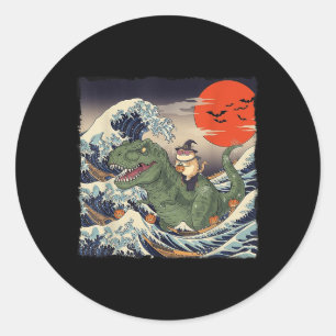 Funny Halloween Cat Riding Dinosaur Spooky Ukiyo-e Runder Aufkleber