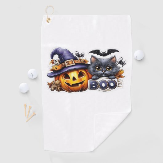 Funny Halloween Cat Sticker - Hexenhut, Pumpkin a Golfhandtuch (Insitu)