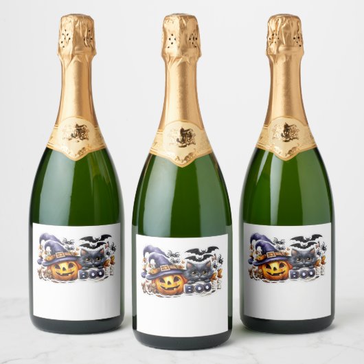 Funny Halloween Cat Sticker � Hexenhut, Pumpkin a Schaumweinetikett (Flaschen)