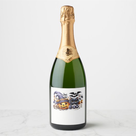 Funny Halloween Cat Sticker � Hexenhut, Pumpkin a Schaumweinetikett (Vorderseite)