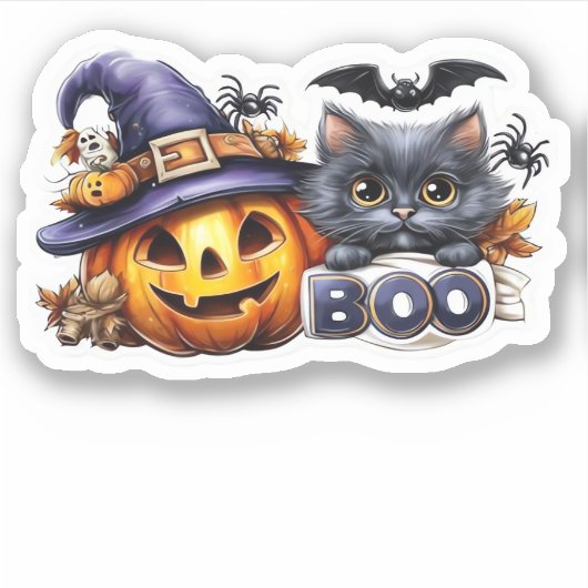 Funny Halloween Cat Sticker � Witch Hat, Pumpkin a (Vorderseite)