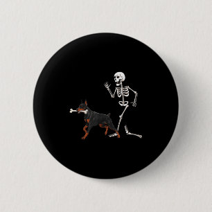 Funny Halloween Doberman Nscher and Skeleton Button