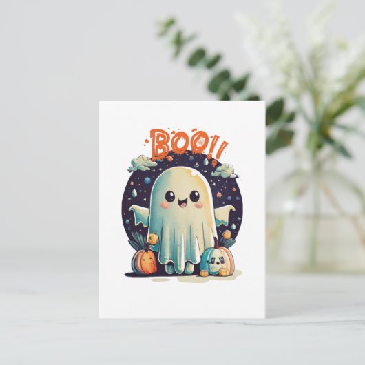 Funny Halloween Ghost Boo in Galaxy Postkarte (Stehend Vorderseite)