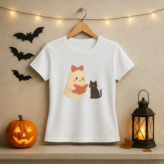 Funny Halloween Ghost Cat Reading T-Shirt