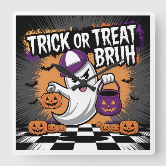 Funny Halloween Ghost & Pumpkins Quadratische Wanduhr (Vorderseite)