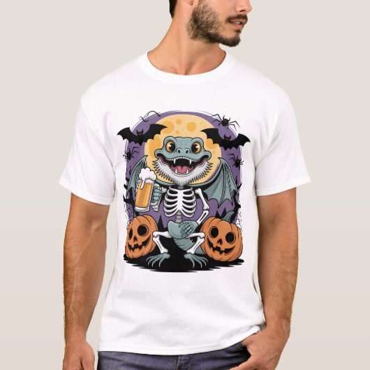 Funny Halloween Lizard Skeleton mit Bier T-Shirt (Vorderseite)