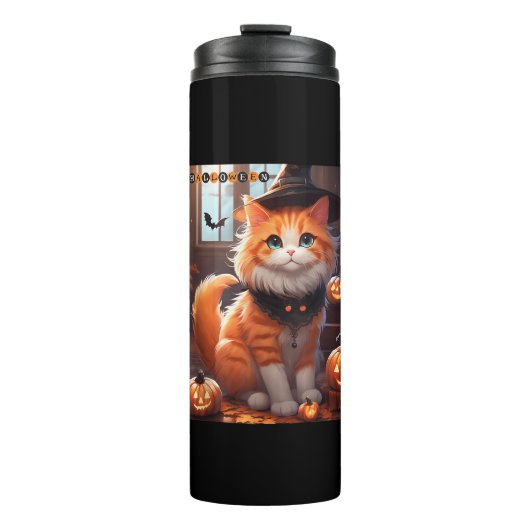 Funny Halloween Niedlich Orange Cat mit Wizard Hat Thermosbecher (Vorderseite)